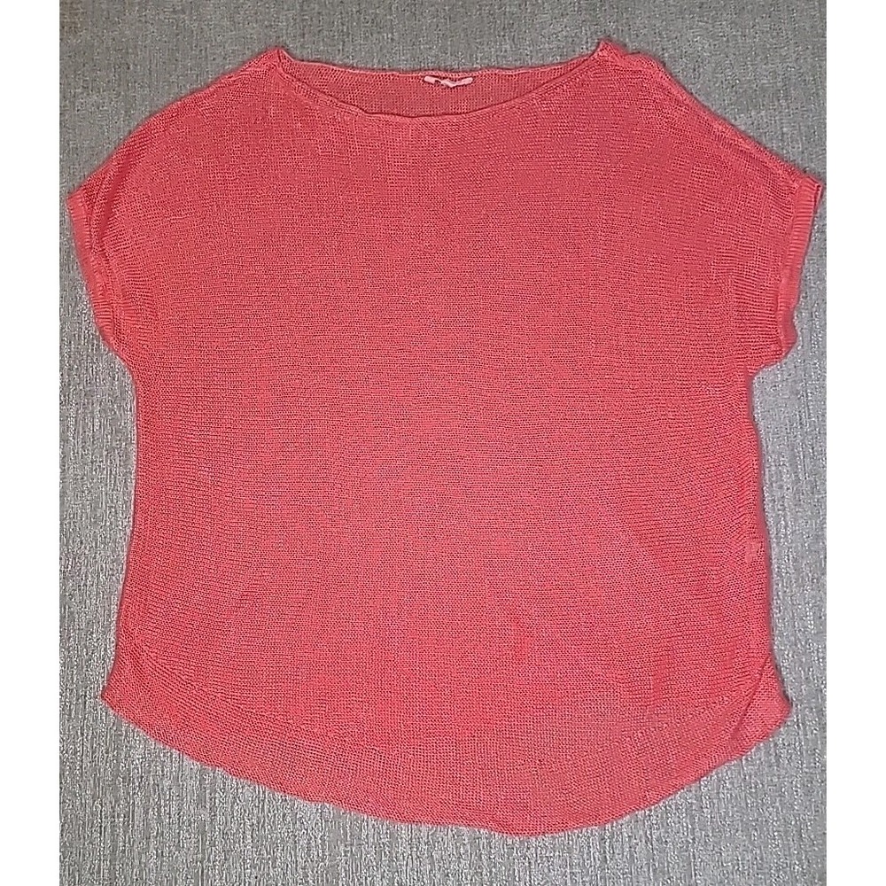 Eileen Fisher Size L Coral Pink Pullover Knit Sweater Top Cap Sleeves Stylish